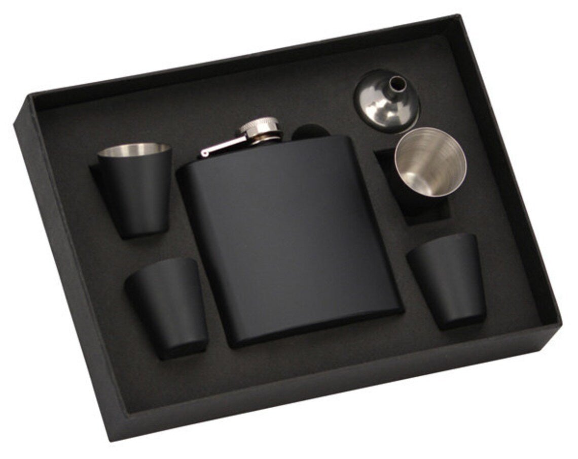 Mediocre StudiosCustom Black Flask Set with 4 Shot GlassesLaser Engraved